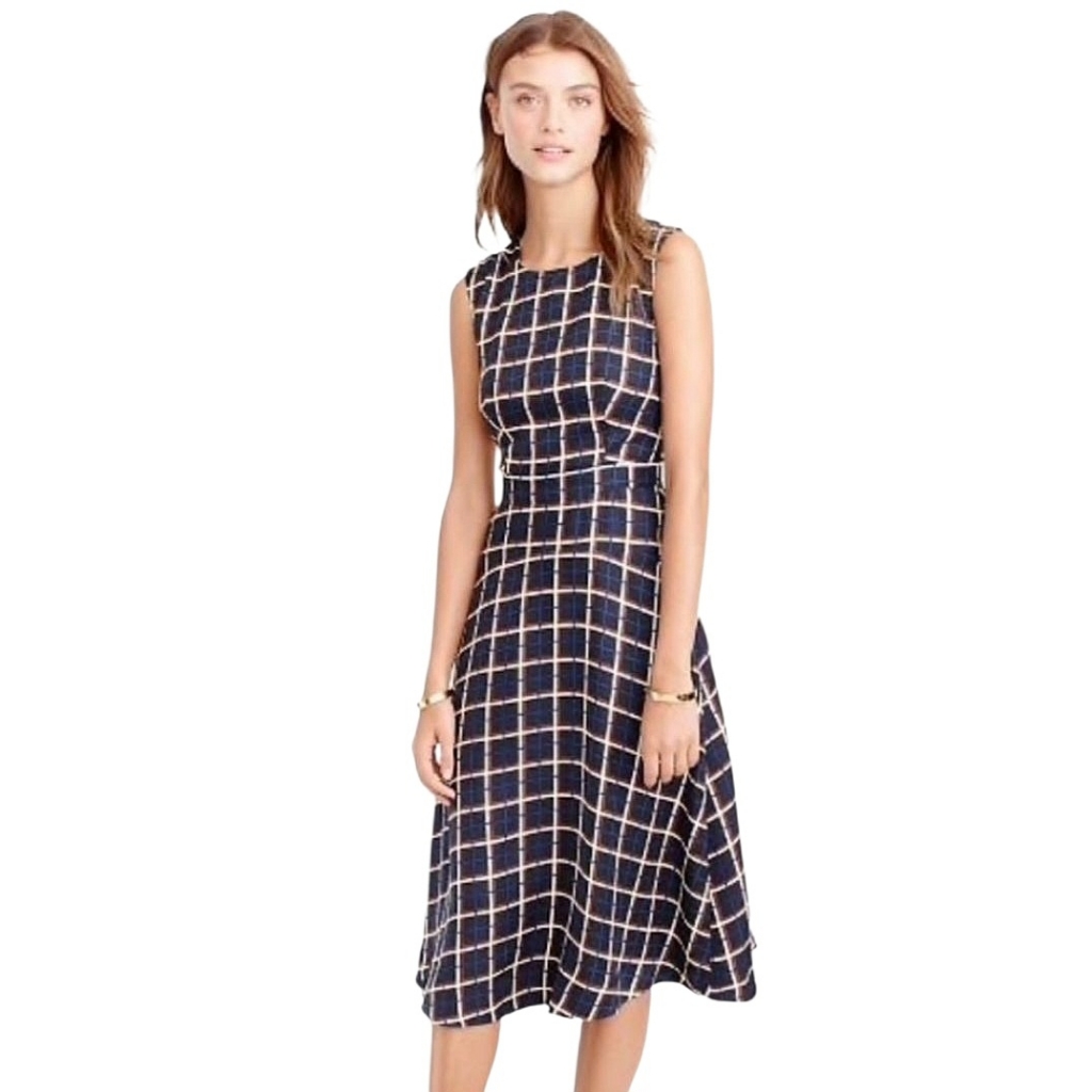 J Crew Silk Blend Fit And Flare Windowpane Midi Dress Women's Sz 8